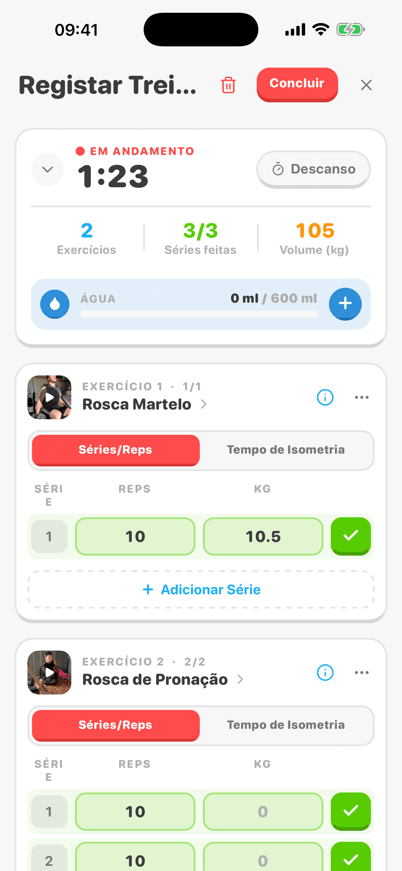 Registro de treino em andamento