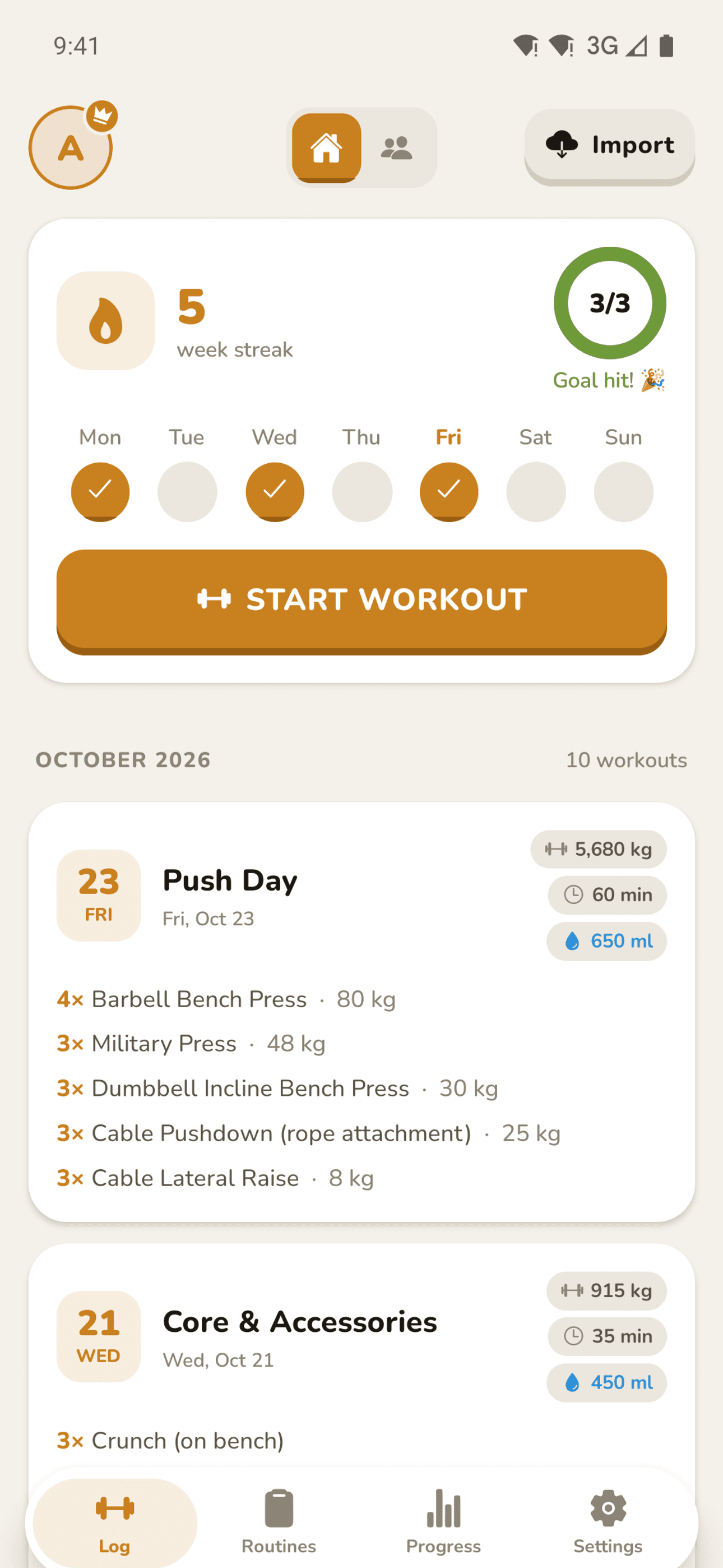 Home with day streak and recent workouts