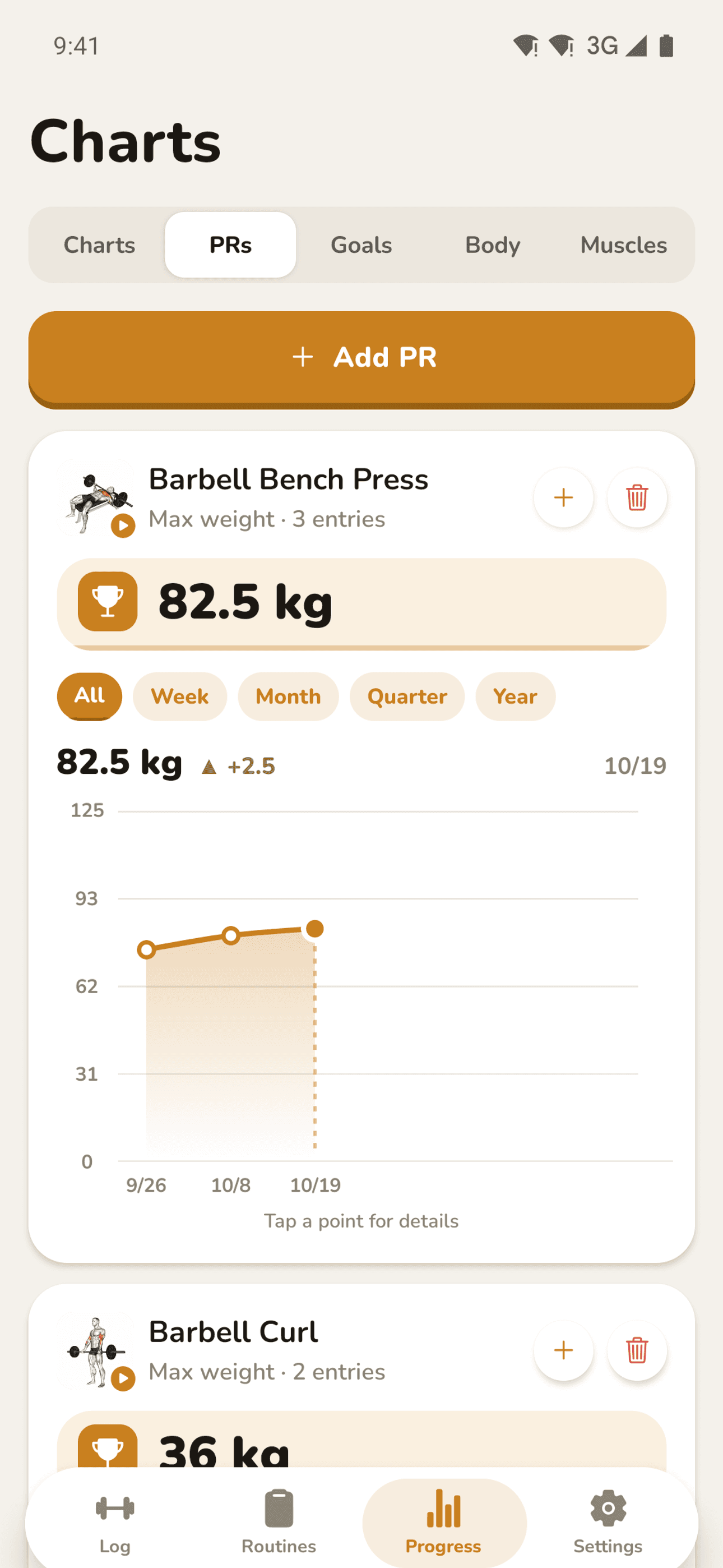 Personal records with progress charts