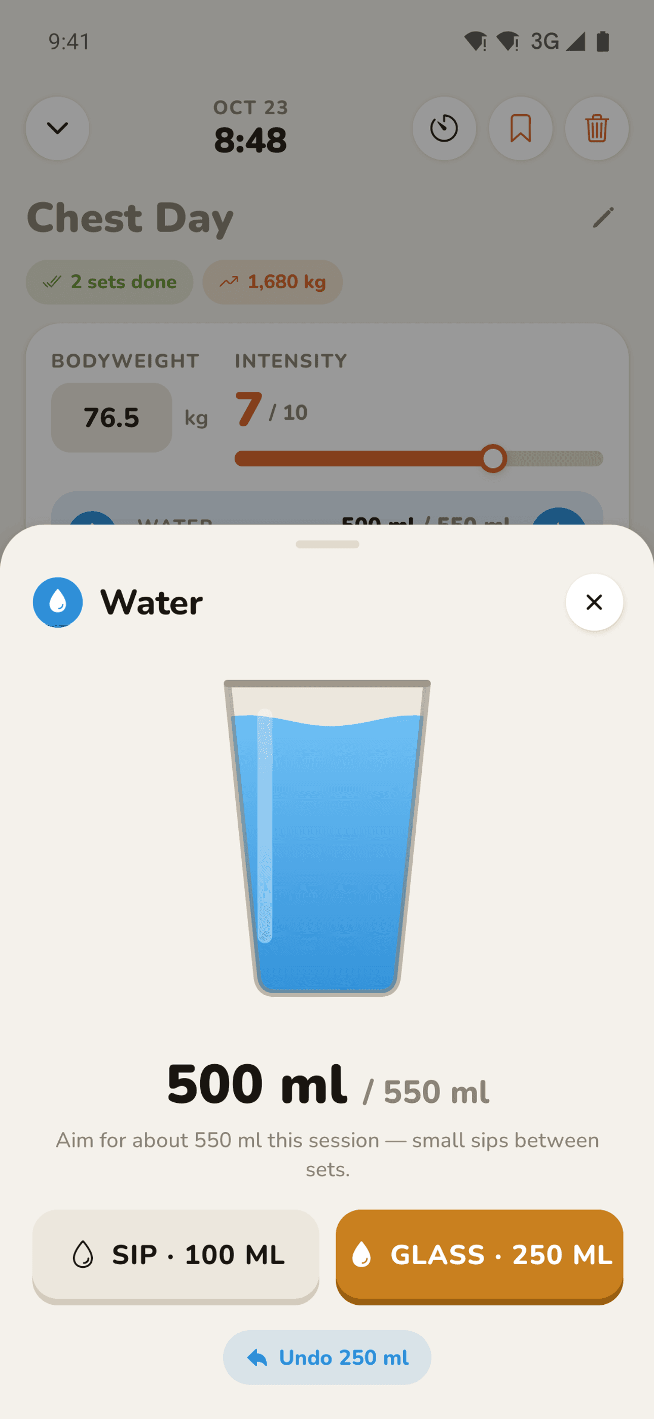 Water tracking during a workout