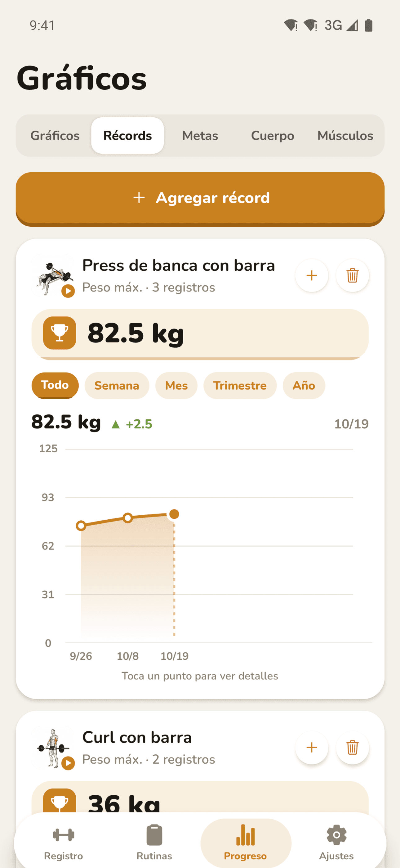 Récords personales con gráficos de progreso