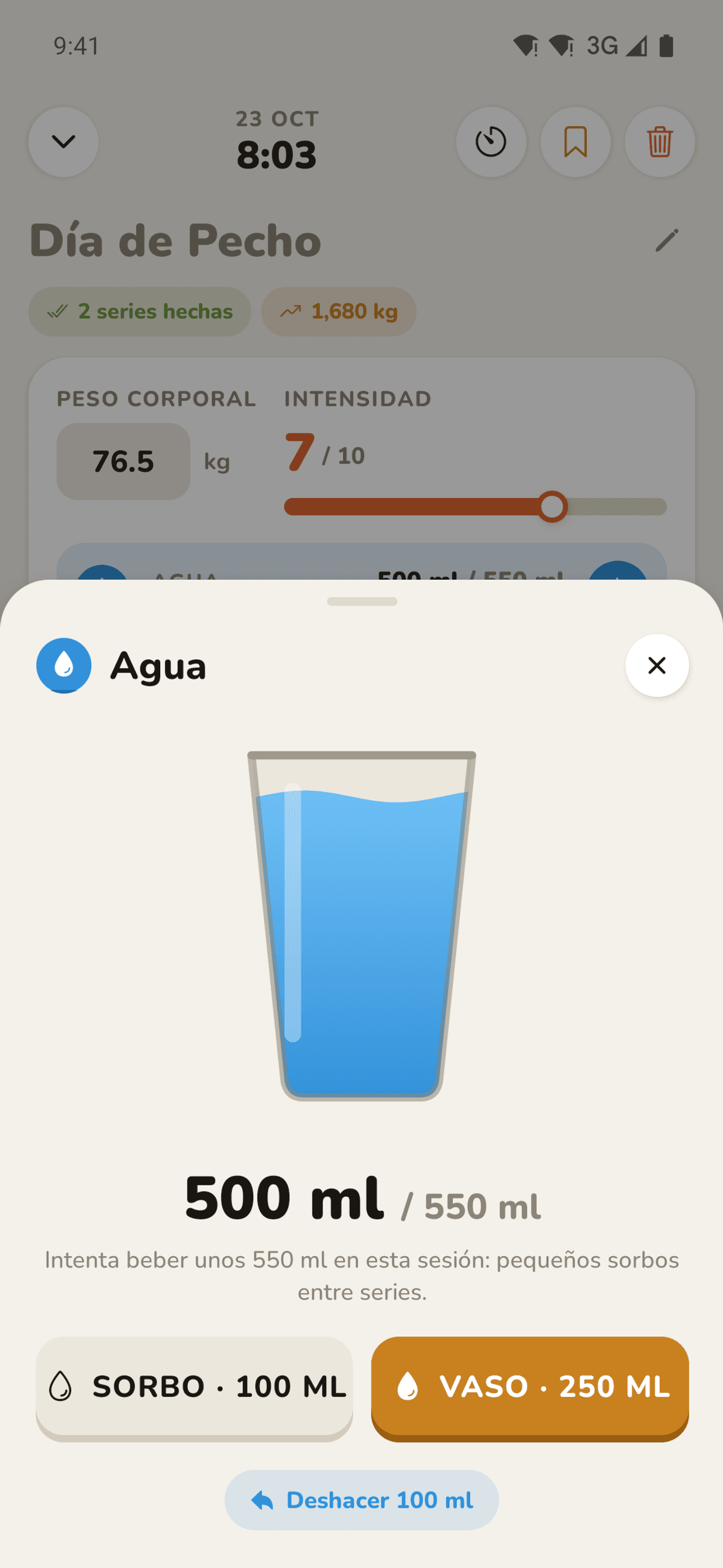 Registro de agua durante el entrenamiento