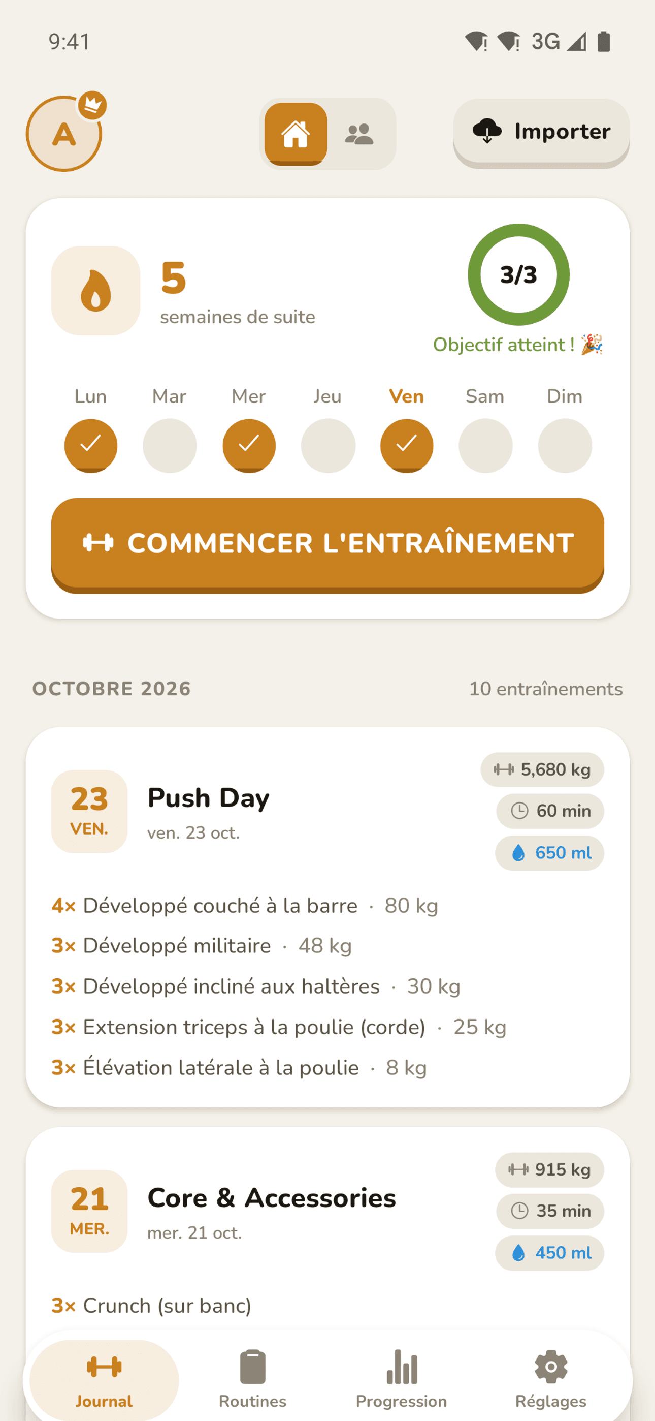 Accueil avec série de jours et séances récentes