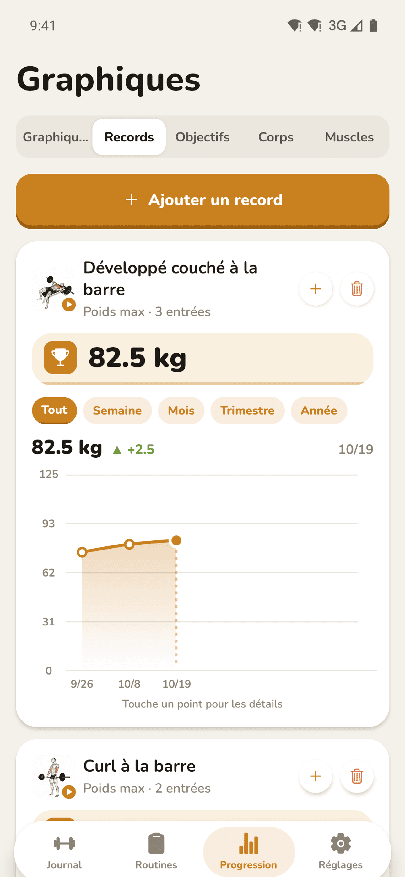 Records personnels avec courbes de progression