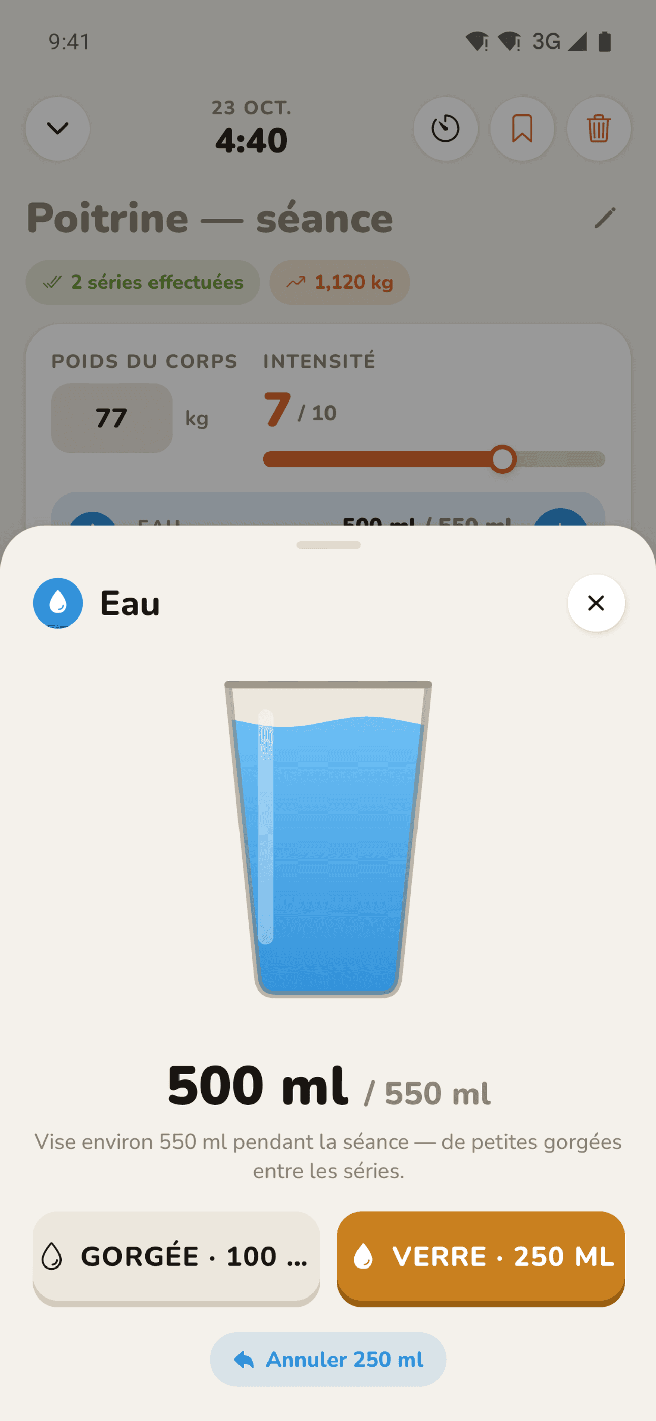 Suivi de l'hydratation pendant la séance