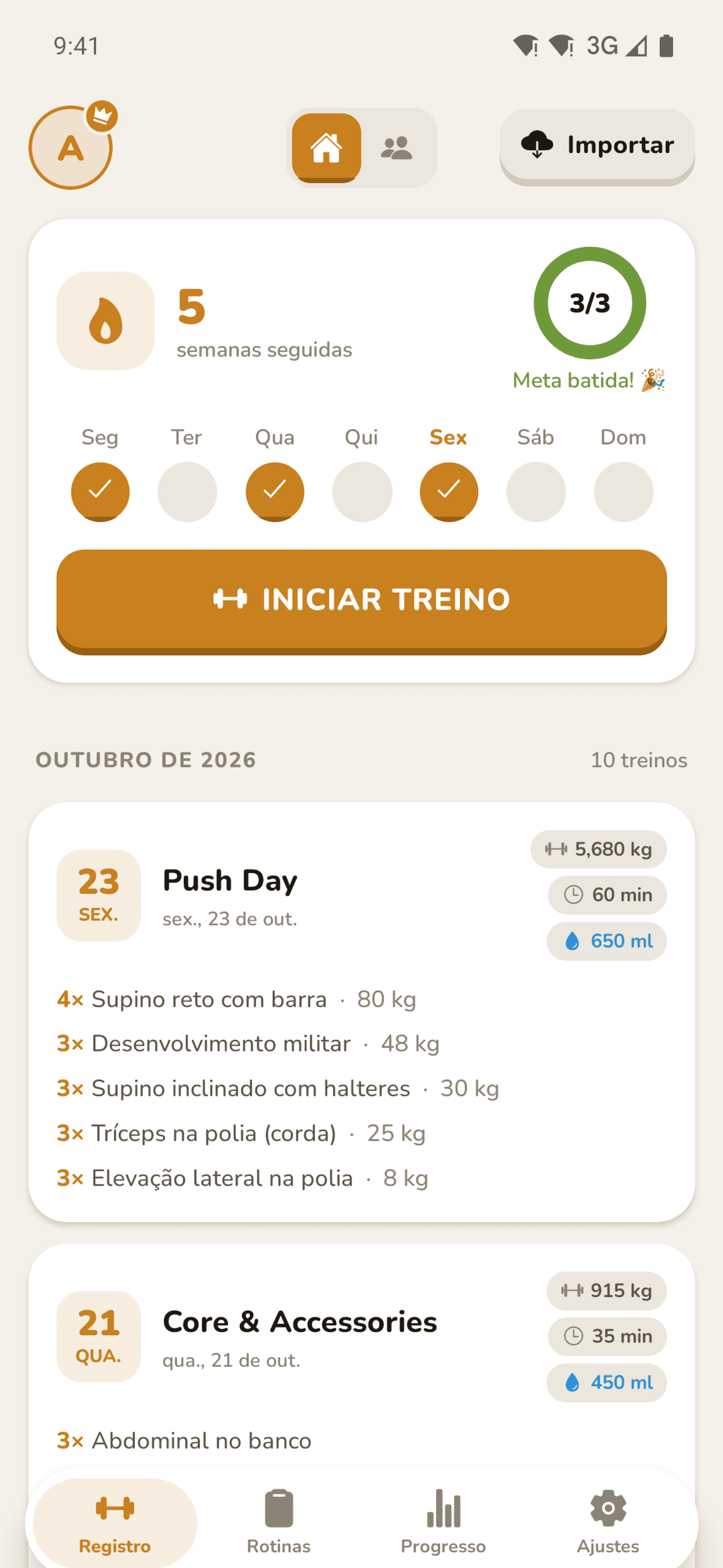 Início com sequência de dias e treinos recentes