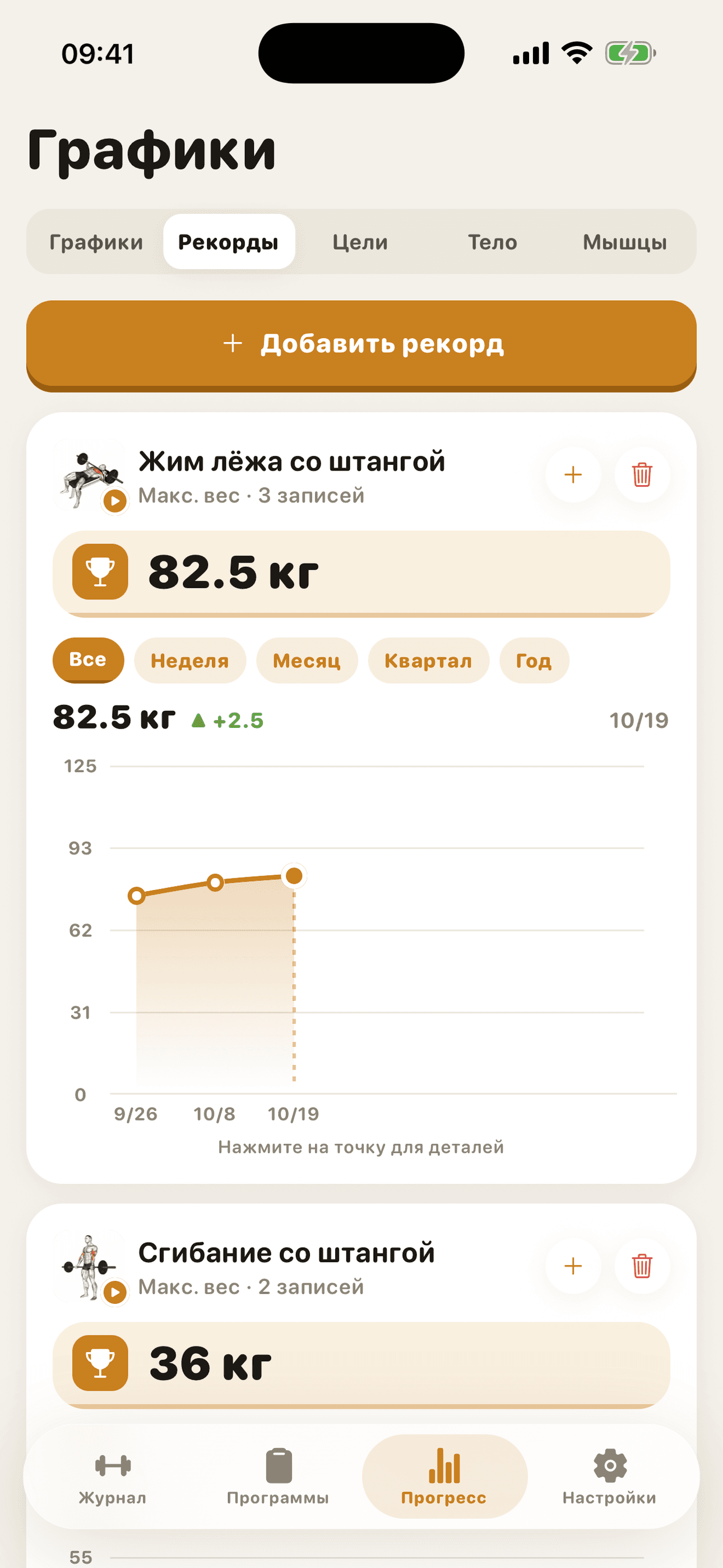 Личные рекорды с графиками прогресса