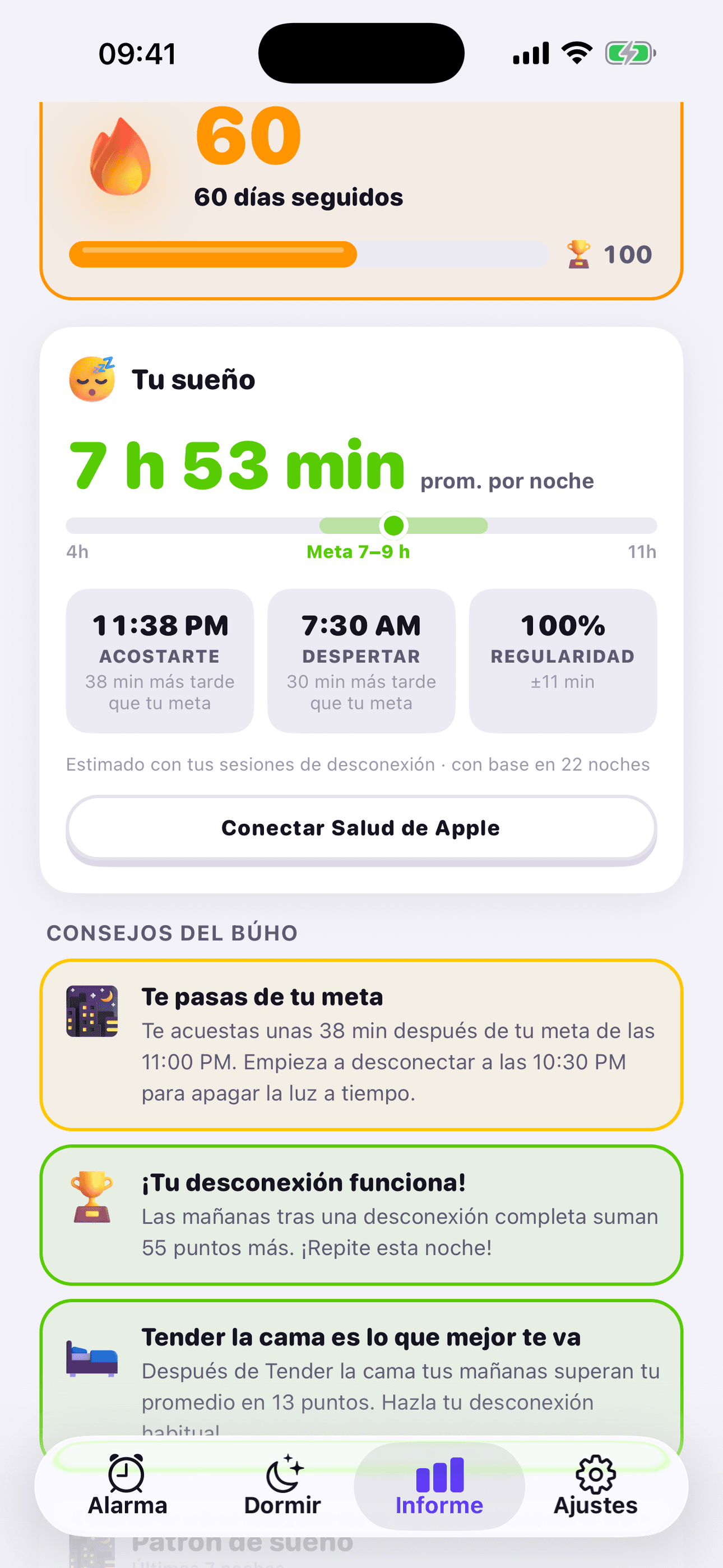 Informe de sueño y sugerencias de Owl