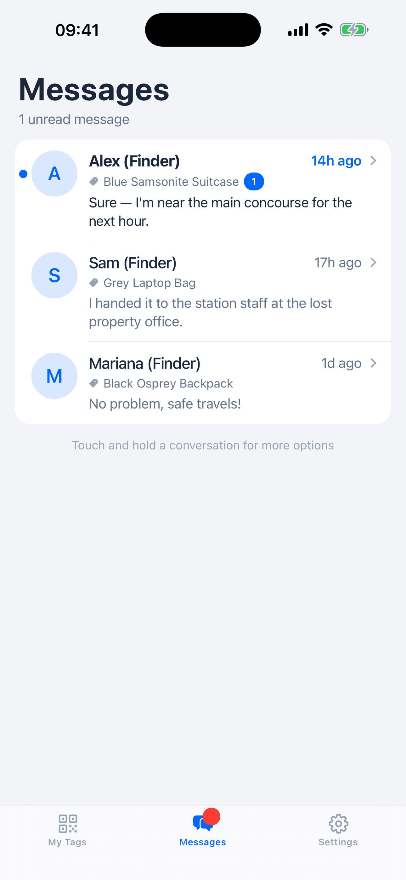 Messages inbox — anonymous chats with finders