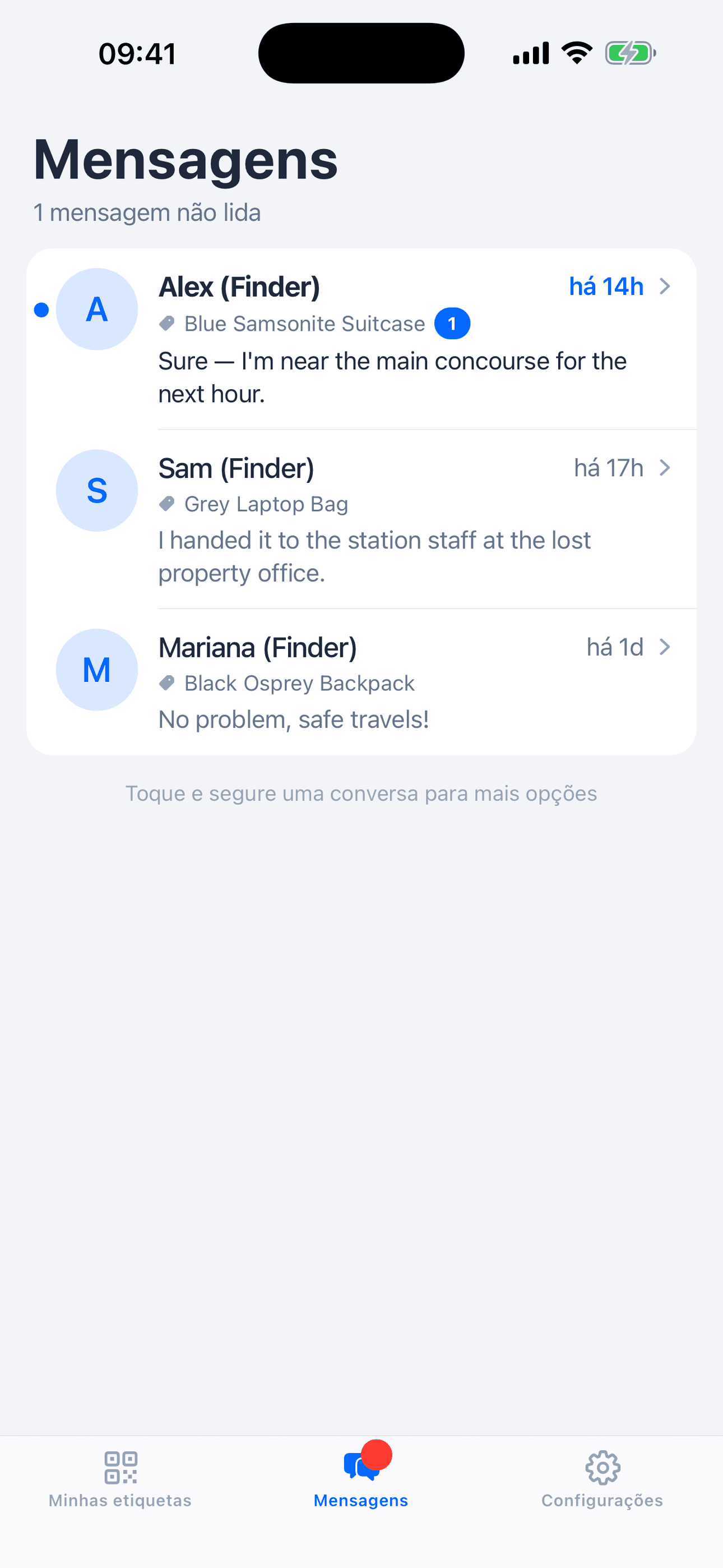 Caixa de mensagens — chats anônimos com quem encontrou seus itens