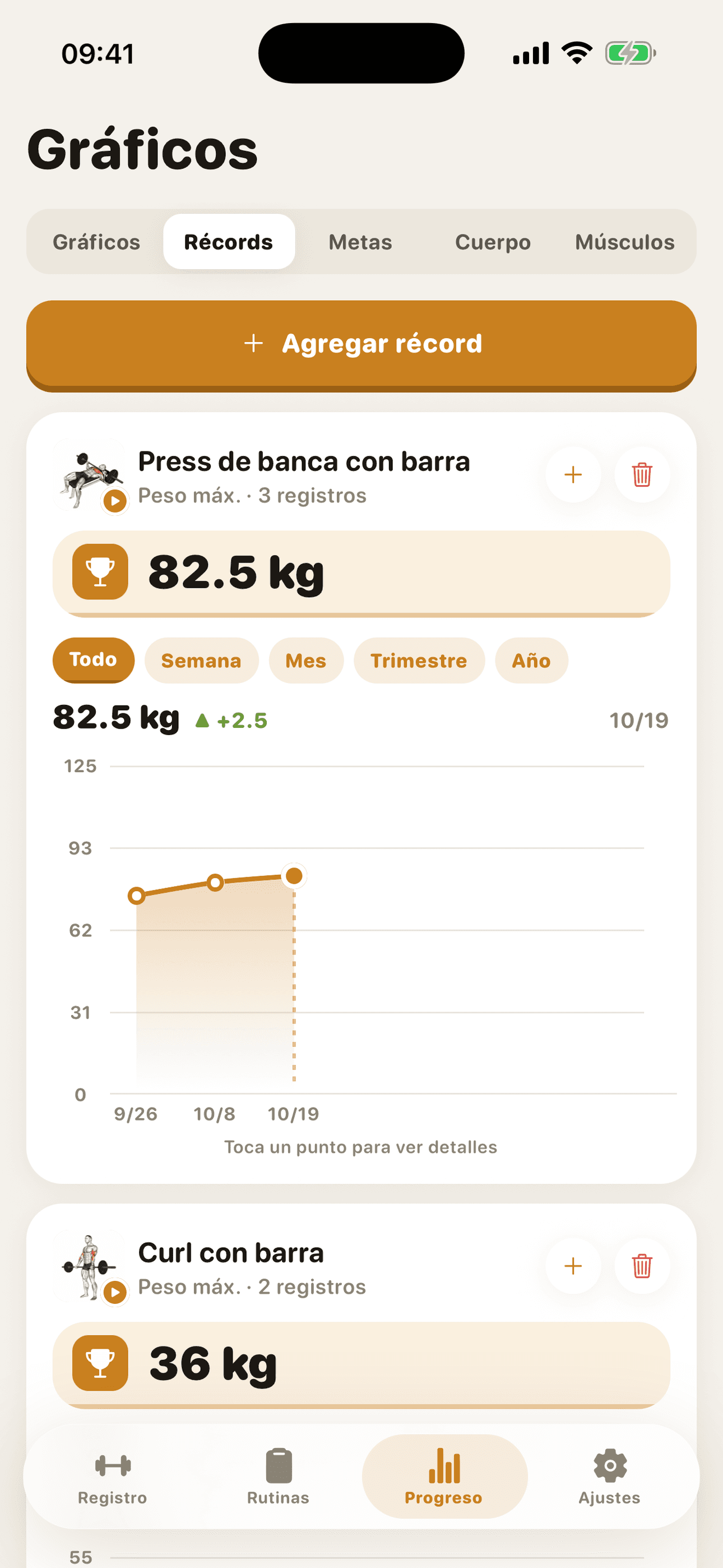 Récords personales con gráficos de progreso