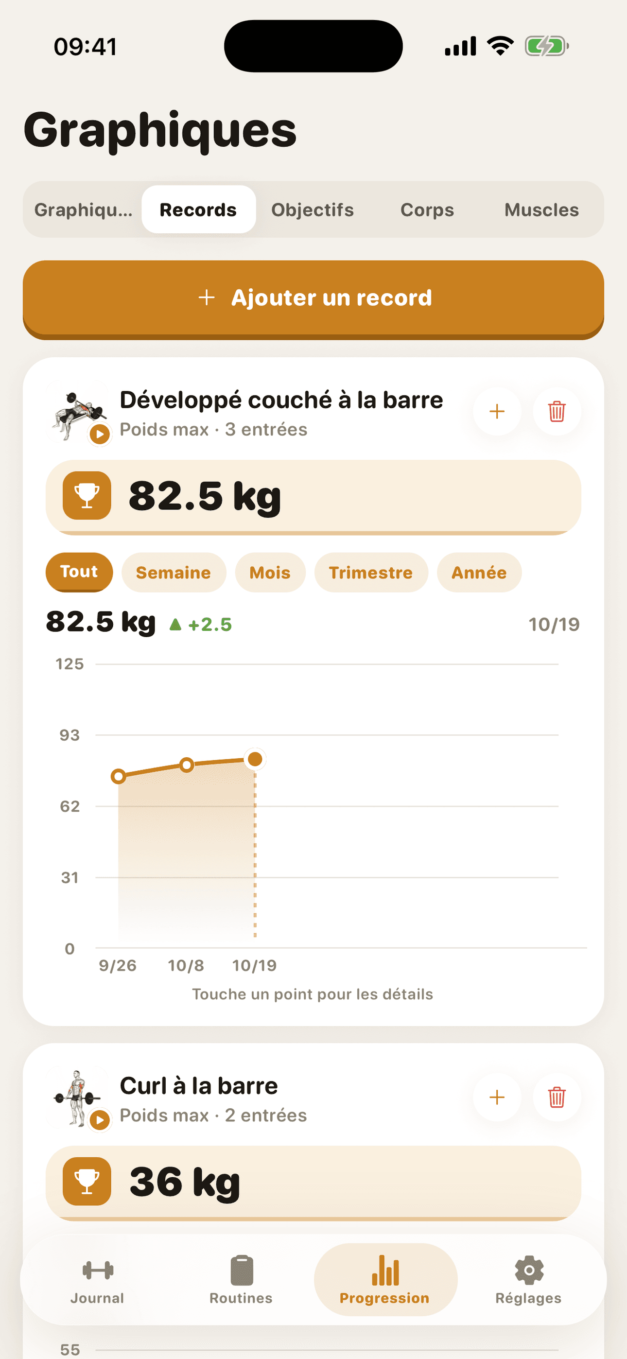 Records personnels avec courbes de progression