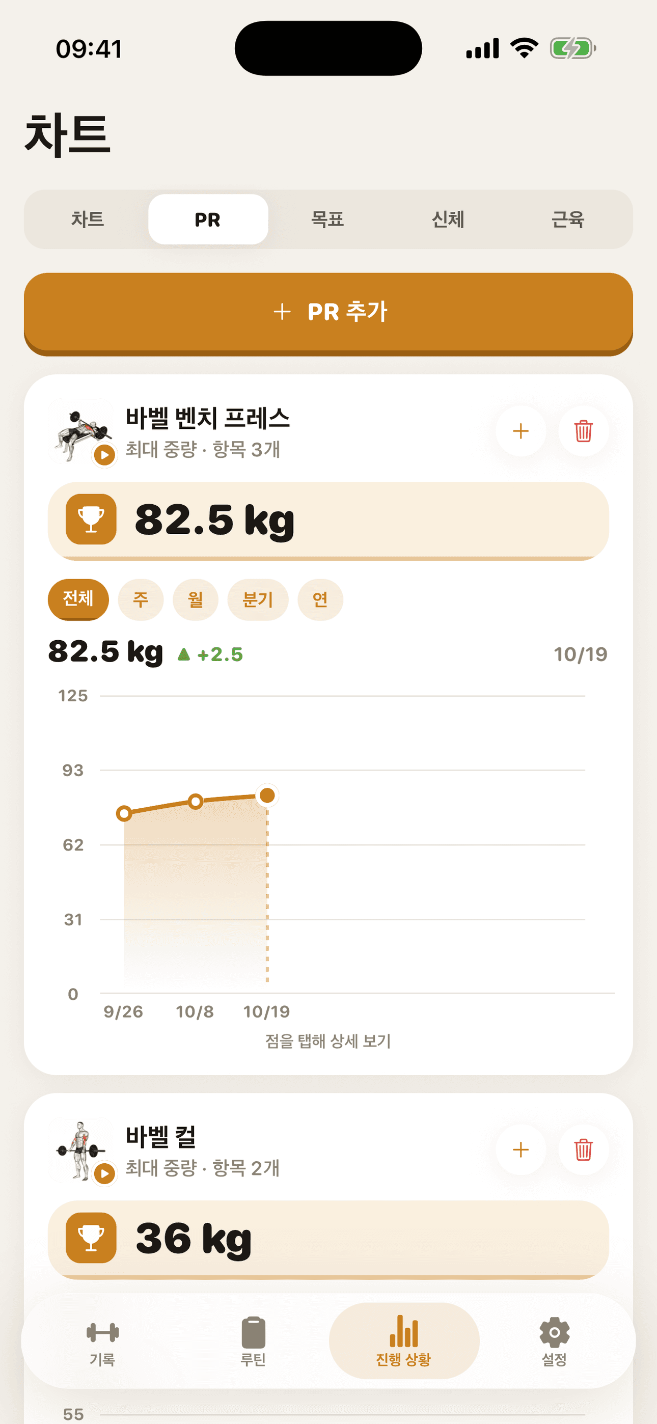 진행 차트가 있는 개인 기록