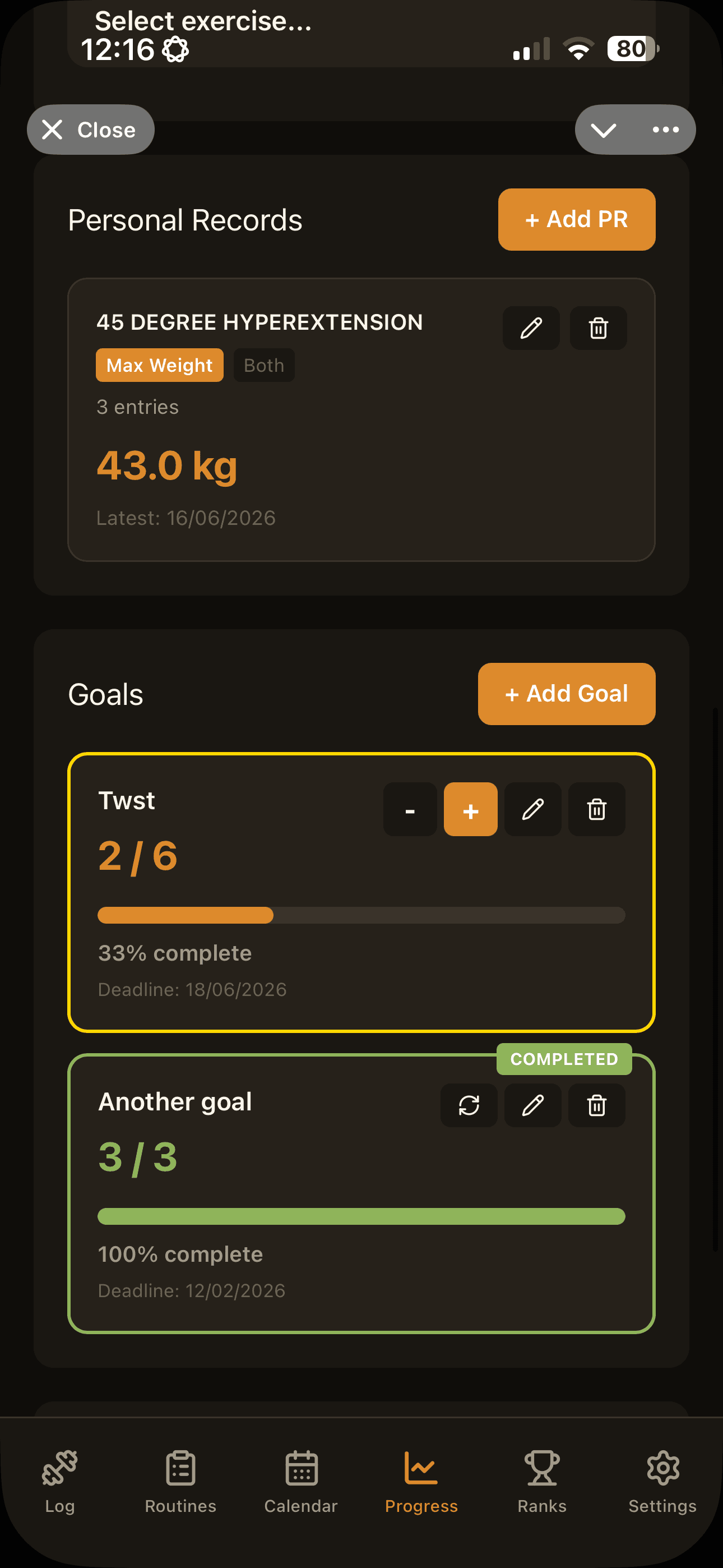 Personal records and goals
