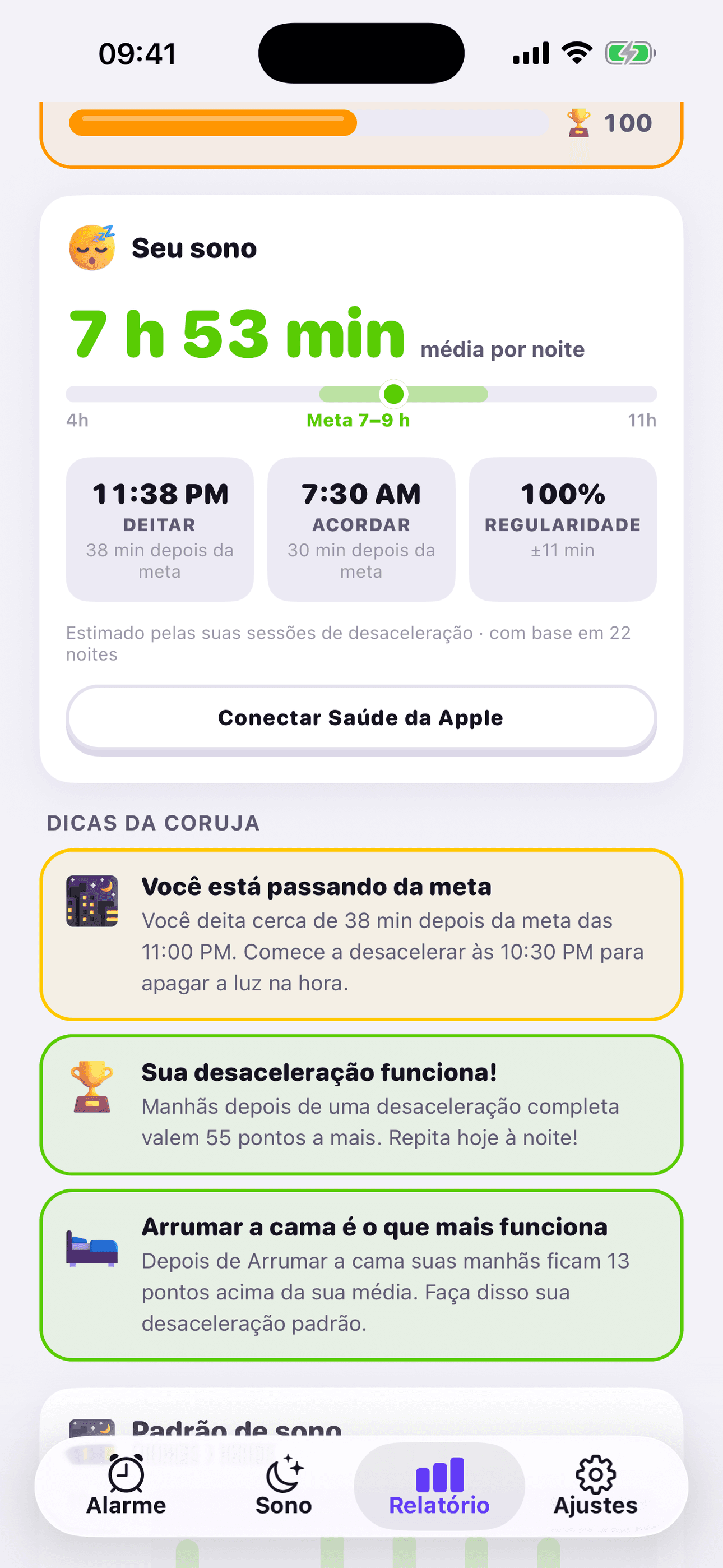 Relatório de sono e sugestões do Owl